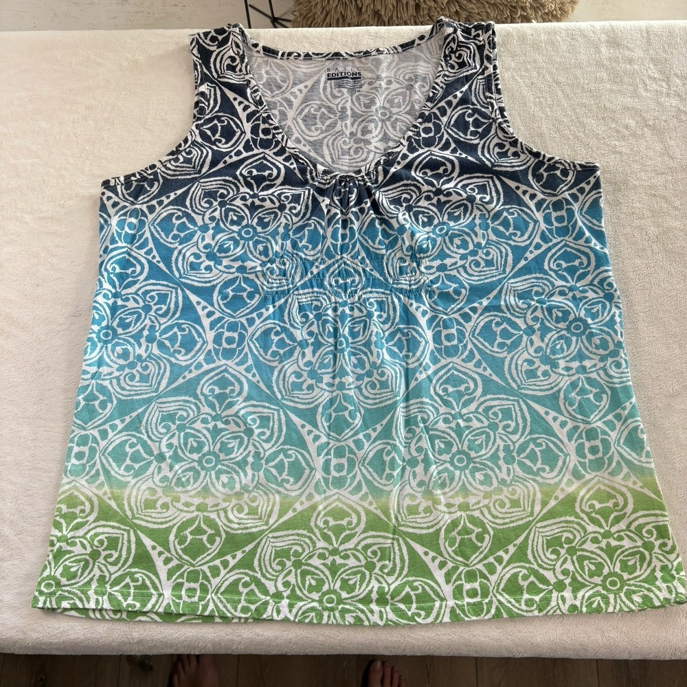 Basic Editions Womens 1X Tank Top Blue Green Ombre Scroll Print Sleeveless Top